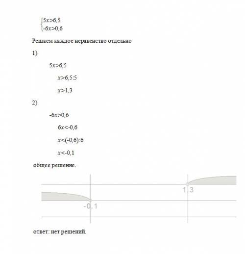 Решите систему 5x> -6,5 -6x> 0,6