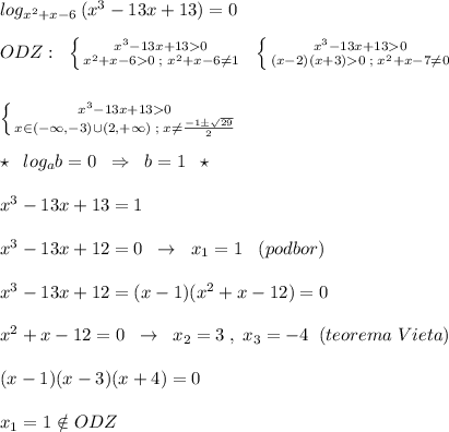 log_{x^2+x-6}\, (x^3-13x+13)=0\\\\ODZ:\; \; \left \{ {{x^3-13x+130} \atop {x^2+x-60\; ;\; x^2+x-6\ne 1}} \right. \; \; \left \{ {{x^3-13x+130} \atop {(x-2)(x+3)0\; ;\; x^2+x-7\ne 0}} \right. \\\\\\\left \{ {{x^3-13x+130} \atop {x\in (-\infty ,-3)\cup (2,+\infty )\; ;\; x\ne \frac{-1\pm \sqrt{29}}{2}}} \right. \\\\\star \; \; log_{a}b=0\; \; \Rightarrow \; \; b=1\; \; \star \\\\x^3-13x+13=1\\\\x^3-13x+12=0\; \; \to \; \; x_1=1\; \; \; (podbor)\\\\x^3-13x+12=(x-1)(x^2+x-12)=0\\\\x^2+x-12=0\; \; \to \; \; x_2=3\; ,\; x_3=-4\; \; (teorema\; Vieta)\\\\(x-1)(x-3)(x+4)=0\\\\x_1=1\notin ODZ