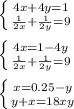 \left \{ {{4x+4y=1} \atop {\frac{1}{2x}}+\frac{1}{2y}=9} \right.\\ \\\left \{ {{4x=1-4y} \atop {\frac{1}{2x}}+\frac{1}{2y}=9} \right.\\ \\ \left \{ {{x=0.25-y} \atop {y+x=18xy} \right.\\ \\