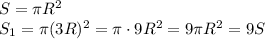 S=\pi R^2\\S_1=\pi(3R)^2=\pi\cdot9R^2=9\pi R^2=9S