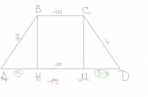 Найдите площадь трапеции, у которой параллельные стороны равны 10см и 15 см, а непараллельные - 7см