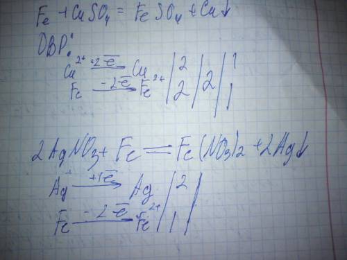 Нужно сделать овр: fe+cuso4=fe2(so4)3+cu 2agno3+fe=fe(no3)2+2ag fe+niso4=feso4+ni