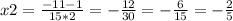 x2=\frac{-11-1}{15*2}=-\frac{12}{30}=-\frac{6}{15}=-\frac{2}{5}