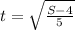 t=\sqrt{\frac{S-4}{5}}