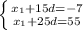 \left \{ {{x_{1}+15d=-7} \atop {x_{1}+25d=55}} \right.