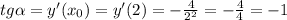 tg \alpha=y'(x_0)=y'(2)=-\frac{4}{2^2}=-\frac{4}{4}=-1