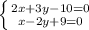 \left \{ {{2x+3y-10=0} \atop {x-2y+9=0}} \right