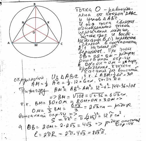 Найдите длину окружности, описанной около правильного треугольника со стороной 12см, и площадь круга