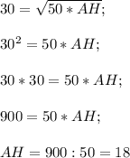 30=\sqrt{50*AH};\\\\30^2=50*AH;\\\\30*30=50*AH;\\\\900=50*AH;\\\\AH=900:50=18