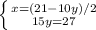 \left \{ {{x=(21-10y)/2} \atop {15y=27}} \right.