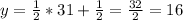 y=\frac{1}{2}*31+\frac{1}{2}=\frac{32}{2}=16