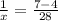 \frac{1}{x}=\frac{7-4}{28}