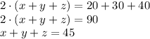 2 \cdot (x + y + z) = 20 + 30 + 40\\2 \cdot (x + y + z) = 90\\x+y+z=45