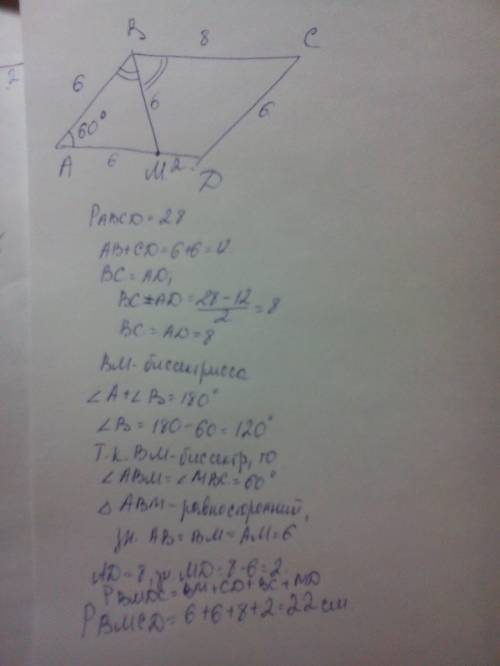 Периметр параллелограмма abcd равен 28. биссектриса угла abc пересекает сторону ad в точке m. найдит