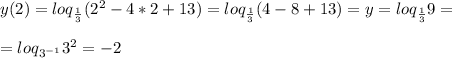 y(2) = loq{_{\frac{1}{3} }}(2^{2} -4*2+13)=loq{_{\frac{1}{3} }}(4 -8+13)=y= loq{_{\frac{1}{3} }}9 =\\\\= loq{_{3^{-1} }}3^{2} =-2