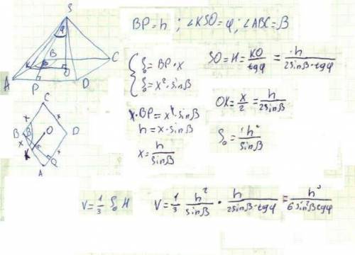 Воснови пирамиды лежить ромб з тупым кутом бета и высотою h. вси высоты бичных граней, проведени з в
