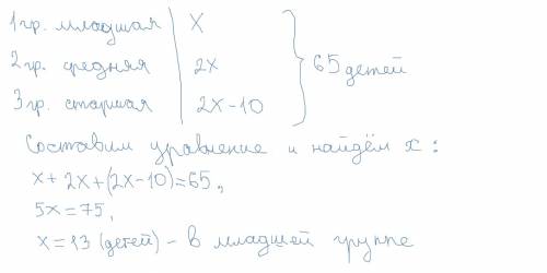 Втрех группах детского сада 65 детей .в младшей группе в 2 раза меньше детей ,чем в другой ,а в стар