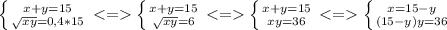 \left \{ {{x+y=15} \atop {\sqrt{xy}=0,4*15 \right. <= \left \{ {{x+y=15} \atop {\sqrt{xy}=6 \right. <= \left \{ {{x+y=15} \atop {xy=36 \right. <= \left \{ {{x=15-y} \atop {(15-y)y=36 \right.