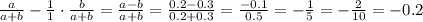 \frac{a}{a+b}-\frac{1}{1}\cdot\frac{b}{a+b}=\frac{a-b}{a+b}=\frac{0.2-0.3}{0.2+0.3}=\frac{-0.1}{0.5}=-\frac{1}{5}=-\frac{2}{10}=-0.2