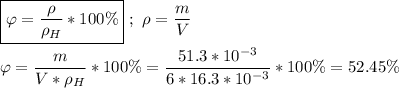 \boxed{\varphi = \dfrac{\rho}{\rho_H}* 100\% } \ ; \ \rho = \dfrac{m}{V} \\ \\ \varphi = \dfrac{m}{V*\rho_H} * 100\% = \dfrac{51.3 * 10^{-3}}{6*16.3*10^{-3}} * 100\% = 52.45 \%