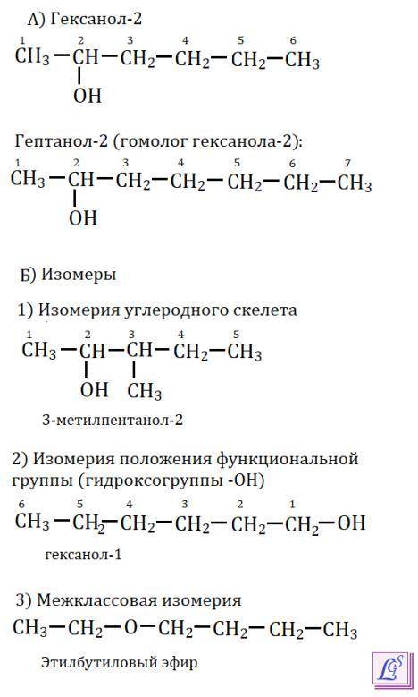 Составить структурную формулу гексанола -2, его гомолога, трех его изомеров разных видов изомерии. в