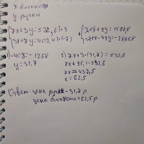 7блокнотов и 3 ручки стоят 532 руб 60 коп., а 3 блокнота и 7 ручек 409 руб.40 коп., сколько стоят бл