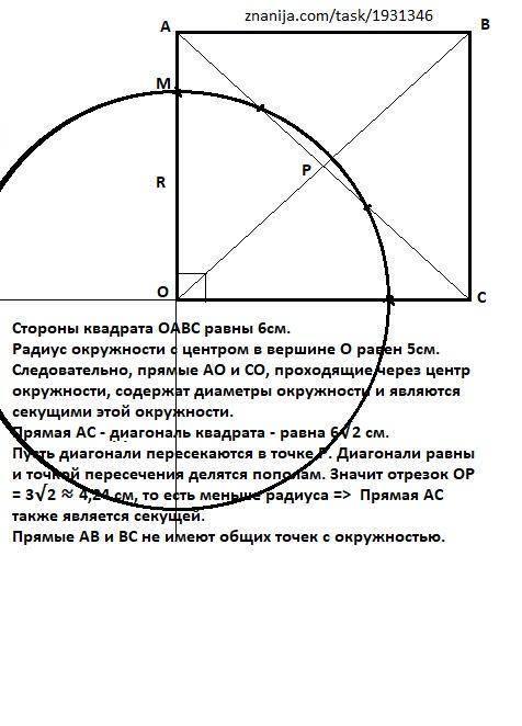 Даны квадрат оавс сторона которого равна 6см и окружность с центром в точке о радиуса 5 см.какие из