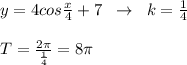 y=4cos\frac{x}{4}+7\; \; \to \; \; k=\frac{1}{4}\\\\T=\frac{2\pi }{\frac{1}{4}}=8\pi