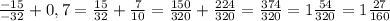 \frac{-15}{-32}+0,7=\frac{15}{32}+\frac{7}{10}=\frac{150}{320}+\frac{224}{320}=\frac{374}{320}=1\frac{54}{320}=1\frac{27}{160}