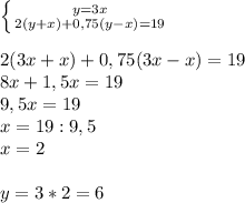 \left \{ {{y=3x} \atop {2(y+x)+0,75(y-x)=19}} \right.\\ \\ 2(3x+x)+0,75(3x-x)=19\\ 8x+1,5x=19\\ 9,5x=19\\ x=19:9,5\\ x=2\\ \\ y=3*2=6