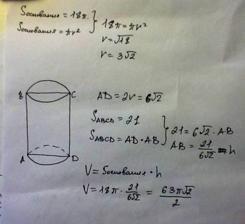Площадь осевого сечения цилиндра равна 21 см2, площадь основания - 18π см2. найдите объём цилиндра.