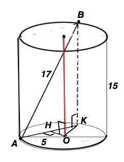 Высота и радиус цилиндра соответственно равны 15 и 5. отрезок ав=17 имеет концы на окружностях основ