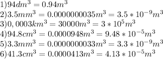 1) 94 dm^3 = 0.94 m^3 \\ 2) 3.5 mm^3 = 0.0000000035 m^3 = 3.5*10^{-9} m^3 \\ 3) 0,0003 km^3 = 30000 m^3 = 3*10^5 m^3 \\ 4) 94.8 cm^3 = 0.0000948 m^3 = 9.48*10^{-5} m^3 \\ 5) 3.3 mm^3 = 0.0000000033 m^3 = 3.3*10^{-9} m^3 \\ 6) 41.3 cm^3 = 0.0000413 m^3 = 4.13*10^{-5} m^3