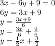 3x - 6y + 9 = 0\\ 6y = 3x + 9\\ y = \frac{3x + 9}{6}\\ y = \frac{3x}{6} + \frac{9}{6}\\ y = \frac{1}{2}x + \frac{3}{2}\\