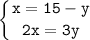 \tt\displaystyle\left \{ {{x=15-y} \atop {2x=3y}} \right.