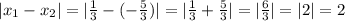 |x{_1}-x{_2}|=|\frac{1}{3}-(-\frac{5}{3})|=|\frac{1}{3}+\frac{5}{3}|=|\frac{6}{3}|=|2|=2