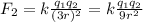 F_2=k\frac{q_1q_2}{(3r)^2}=k\frac{q_1q_2}{9r^2}