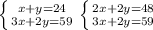 \left \{ {{x+y=24} \atop {3x+2y=59}} \right. \left \{ {{2x+2y=48} \atop {3x+2y=59}} \right.