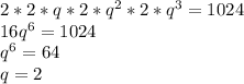 2*2*q*2*q^2*2*q^3=1024\\16q^6=1024\\q^6=64\\q=2