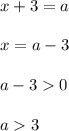 \displaystyle x+3=a\\\\x=a-3\\\\a-30\\\\ a3