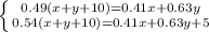 \left \{ {{0.49(x+y+10)=0.41x+0.63y} \atop {0.54(x+y+10)=0.41x+0.63y+5}} \right.