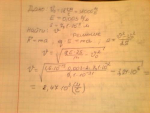 Электрон с начальной скоростью 18 км/c влетает в электрическое поле с напряженностью 3*10-3 в/м и дв