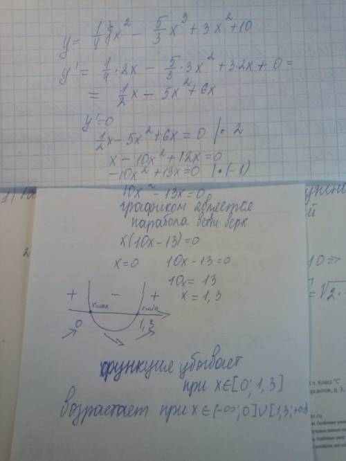 Найдите интервалы убывания функцииy=(1/4)*x^2-(5/3)*x^3+3*x^2+10