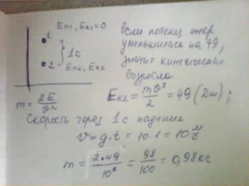 Определите массу груза, у которого при свободном падении за 1 с потенциальная энергия изменилась на