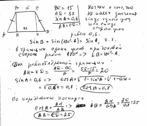 Основания равнобедренной трапеции равны 15 и 55. синус одного из углов трапеции равен 0,6. найдите б