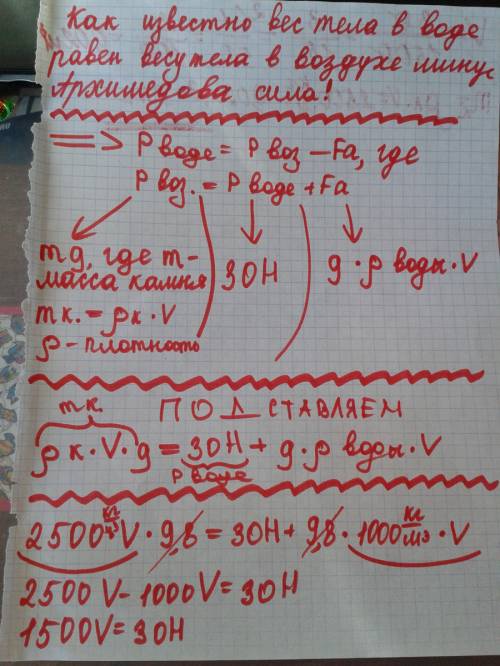 25 №9 если камень можно держать в воде,затрачивая силу 30н,какова его масса в воздухе? плотность кам