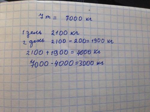 Всего-7 т в 1 день-2 т 1 ц во 2 день-на 200 кг меньше чем в 1 остаток-? найти сколько осталось карто