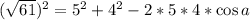 (\sqrt{61})^2=5^2+4^2-2*5*4*\cos a