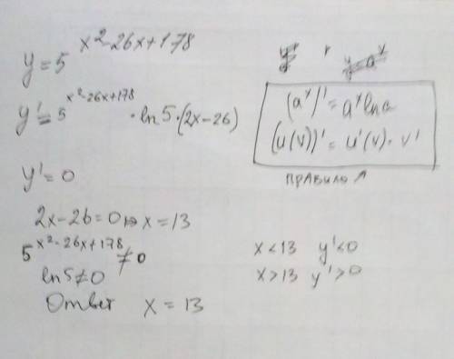 Найдите точку минимума ф-ции у=5 в степени х2-26х+178