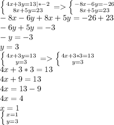 \left \{ {{4x+3y=13 |*-2} \atop {8x+5y=23}} \right. = \left \{ {{-8x-6y=-26} \atop {8x+5y=23}} \right. \\-8x-6y+8x+5y=-26+23\\-6y+5y=-3\\-y=-3\\y=3\\\left \{ {{4x+3y=13} \atop {y=3}} \right. =\left \{ {{4x+3*3=13} \atop {y=3}} \right. \\4x+3*3=13\\4x+9=13\\4x=13-9\\4x=4\\x=1\\\left \{ {{x=1} \atop {y=3}} \right.